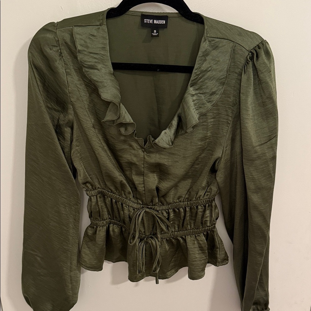Steve Madden Olive Green Satin Ruffled Peplum Blouse